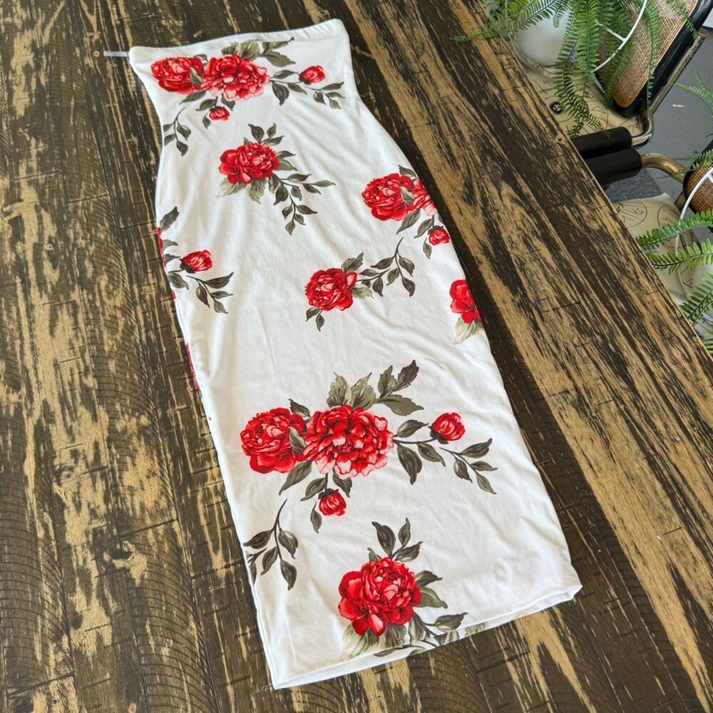 HELLO MISS - White Red Rose Tube Top Summer Dress - SMALL